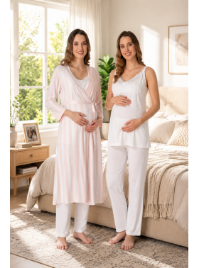 Effortt 9034  Çizgili Sabahlıklı Lohusa Pijama Takımı